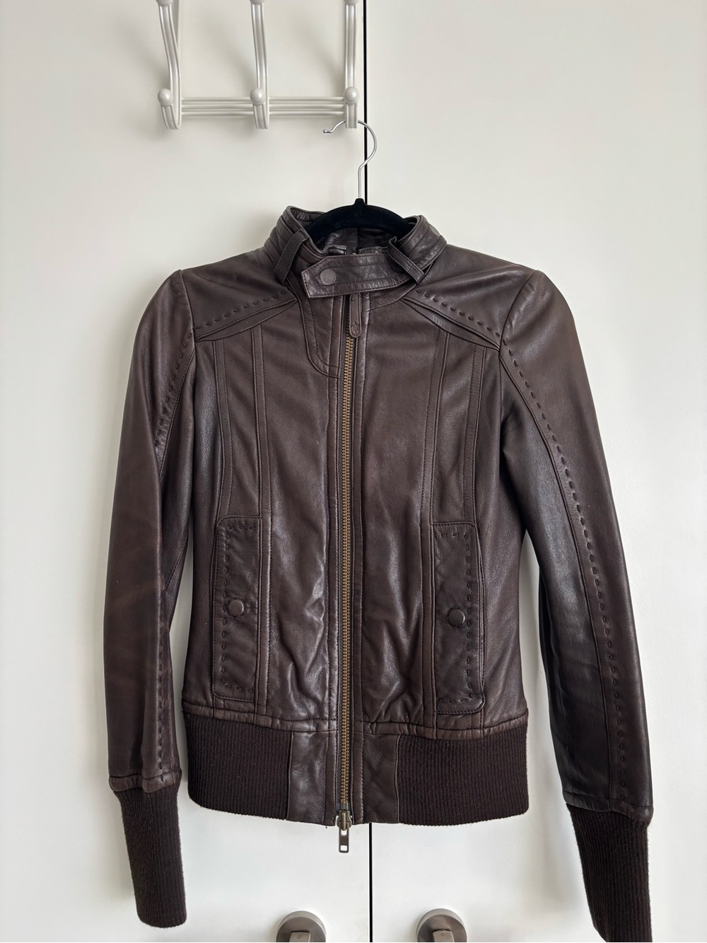 Mackage Classic Brown Leather Bomber Jacket, chocolate brown color, XXS